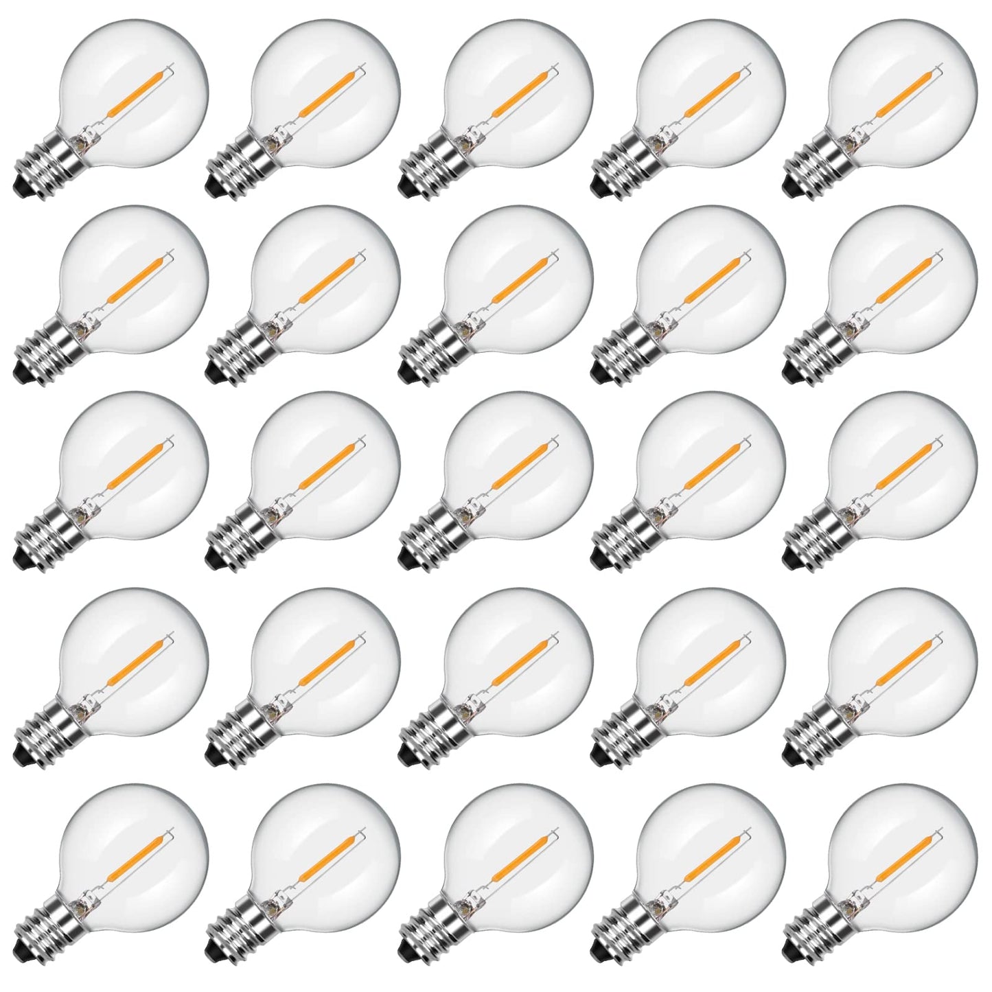 SUNSGNE G40 LED replacement bulbs 25 pack, Clear Globe Glass light bulbs, G40 patio lighting party garden wedding decoration, Fits E12/C7 base, 7 watts, Warm White.