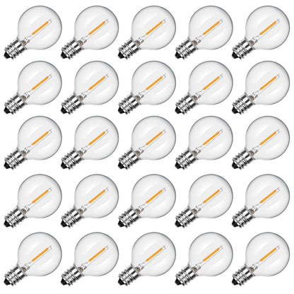 SUNSGNE G40 LED replacement bulbs 25 pack, Clear Globe Glass light bulbs, G40 patio lighting party garden wedding decoration, Fits E12/C7 base, 7 watts, Warm White.