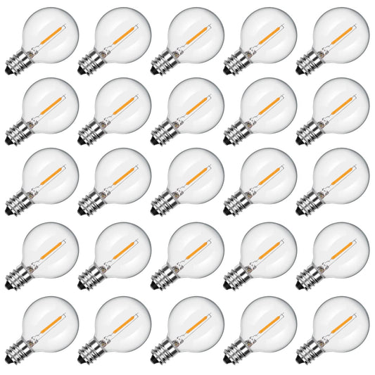 SUNSGNE G40 LED replacement bulbs 25 pack, Clear Globe Glass light bulbs, G40 patio lighting party garden wedding decoration, Fits E12/C7 base, 7 watts, Warm White.