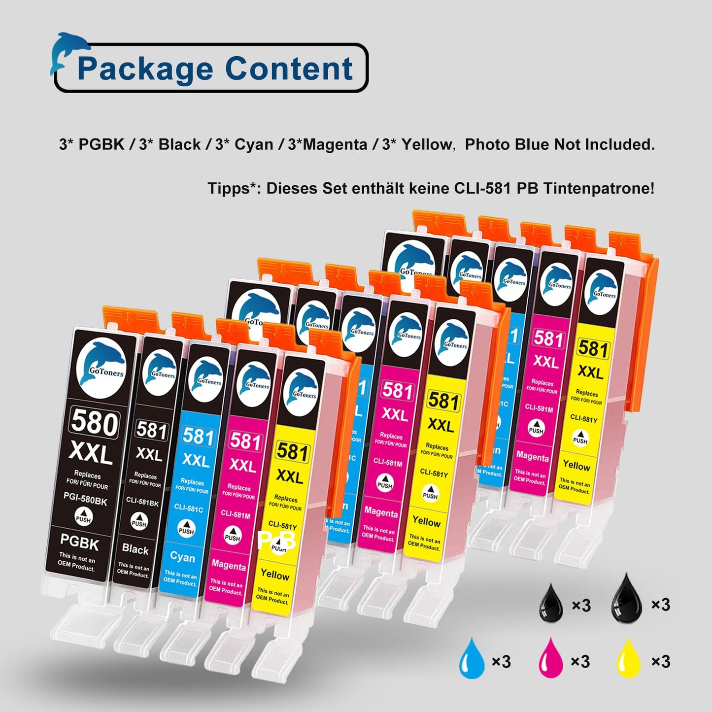 GoToners XXL cartridges Compatible for Canon 580 581 ink cartridges PGI-580 CLI-581 for Canon Pixma TR8550 TS705 TS6350 TS6350a TS705a TS6351 TS6250 TS6150 TS9550 TS6300 TS6251 TR7550 (15-pack)