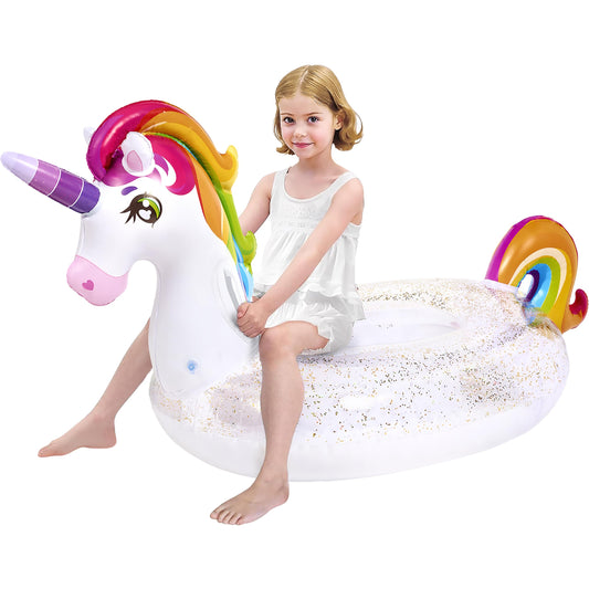 JOYIN Kids' Unicorn Pool Float with Glitters, Inflatable Pool Floaties for Adults, Summer Party Decorations, 175cm*75cm*85cm