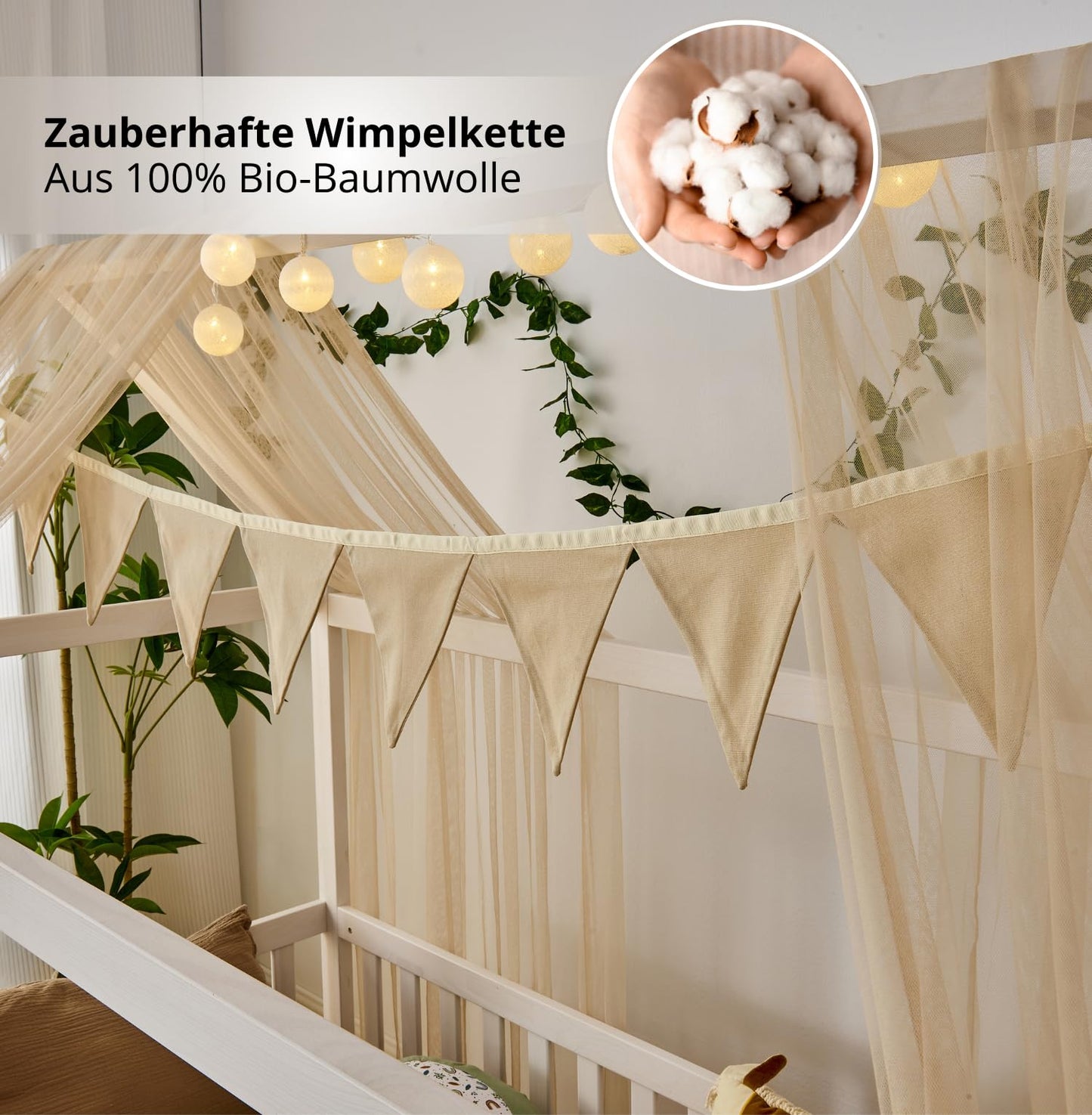 ALAVYA HOME® 3-piece house bed decoration set with 2 bed canopies and 1 flag garland 300cm long for children's bed and room. Made of 100% organic cotton, size 150 x 350 cm, without string lights, in beige.