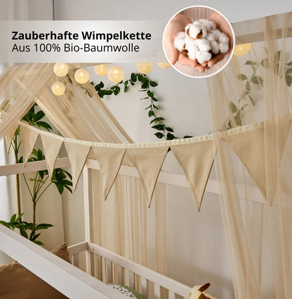 ALAVYA HOME® 3-piece house bed decoration set with 2 bed canopies and 1 flag garland 300cm long for children's bed and room. Made of 100% organic cotton, size 150 x 350 cm, without string lights, in beige.