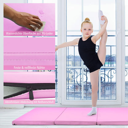 COSTWAY 240 x 120 x 5 cm soft floor mat, foldable gymnastics mat with Velcro closure and 2 carrying handles, gymnastics mat, foldable mat, fitness mat for gymnastics, yoga, home training (pink)