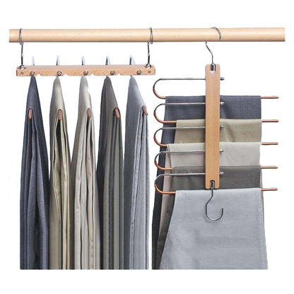 2-piece pants hanger set, space-saving stainless steel pants rack, extendable non-slip wooden hangers for scarves, jeans, and pants.