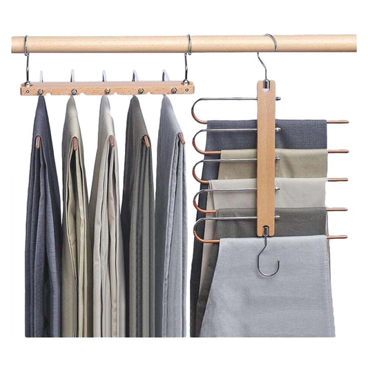2-piece pants hanger set, space-saving stainless steel pants rack, extendable non-slip wooden hangers for scarves, jeans, and pants.