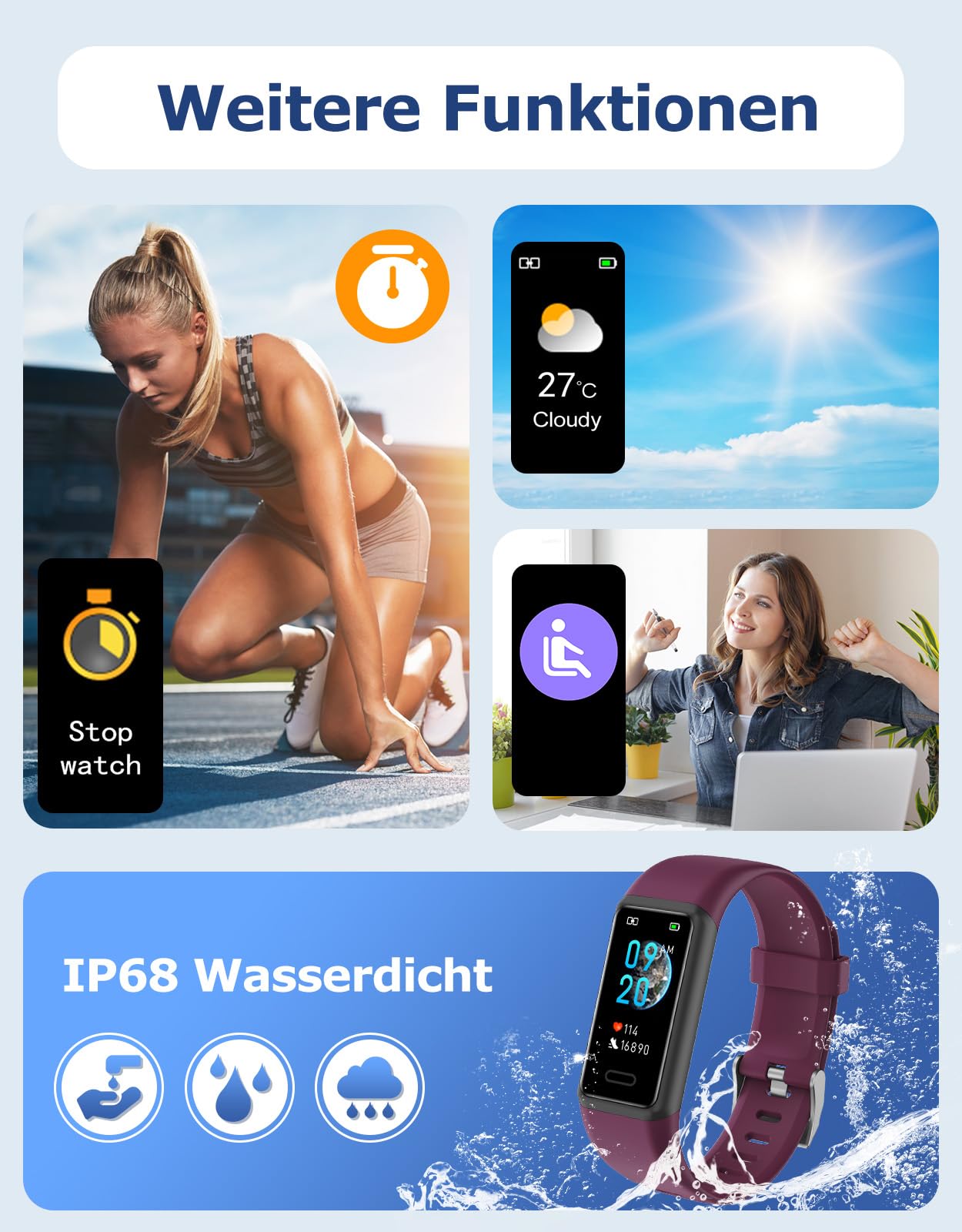 Cloudpoem Fitness Tracker, fitness watch for men and women with heart rate monitor, step counter, calorie counter, sleep monitor, SNS SMS call notification, sports watch IP68 waterproof for iOS Android phone.