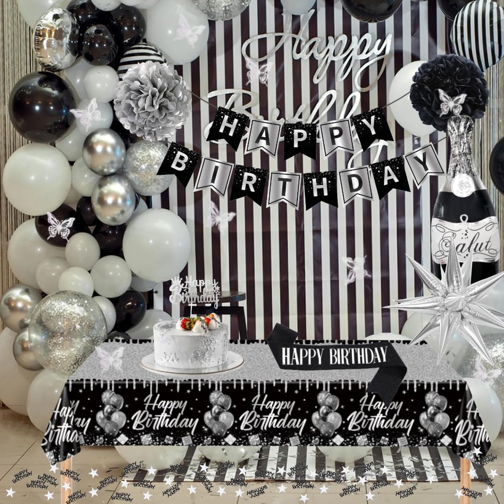Black Silver Birthday Decorations, Silver Black White Party Decor Set with Happy Birthday Banner, Confetti Balloons, Sash, Tablecloth, Curtain, Pom Poms for Men Women Boys Girls Birthday Party Decor.