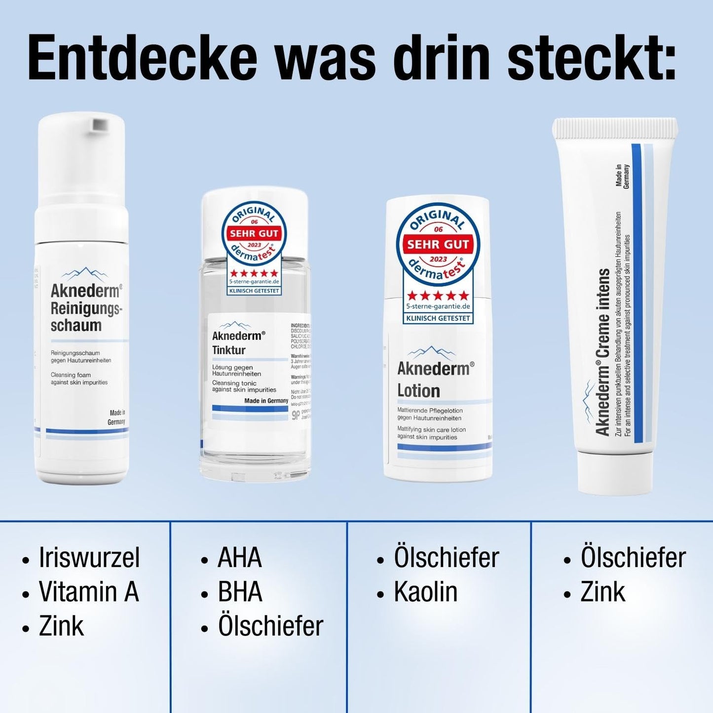 aknederm Premium Set intense for normal skin - set with tincture/cleansing foam/lotion/cream intense & cleansing pads - natural skincare set - ideal for acne treatment 230ml