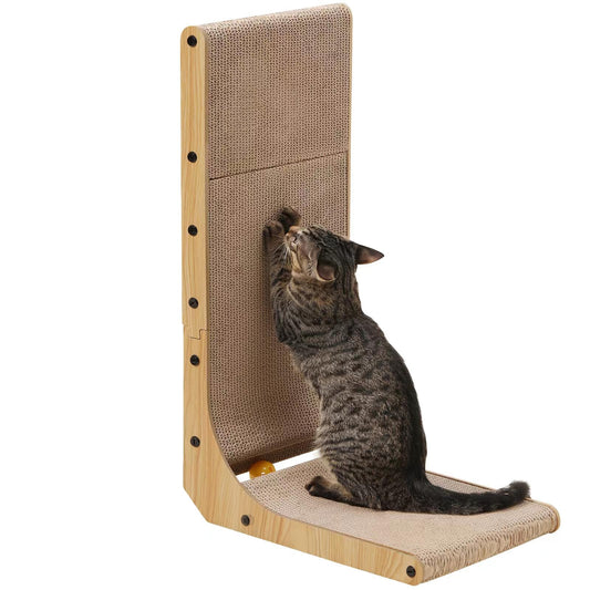 FUKUMARU Cat Scratching Board, 68 cm tall L-shaped cardboard scratch pad for cats, durable cat scratching board with ball toy, premium cardboard cat scratcher for wall and corner, large size.