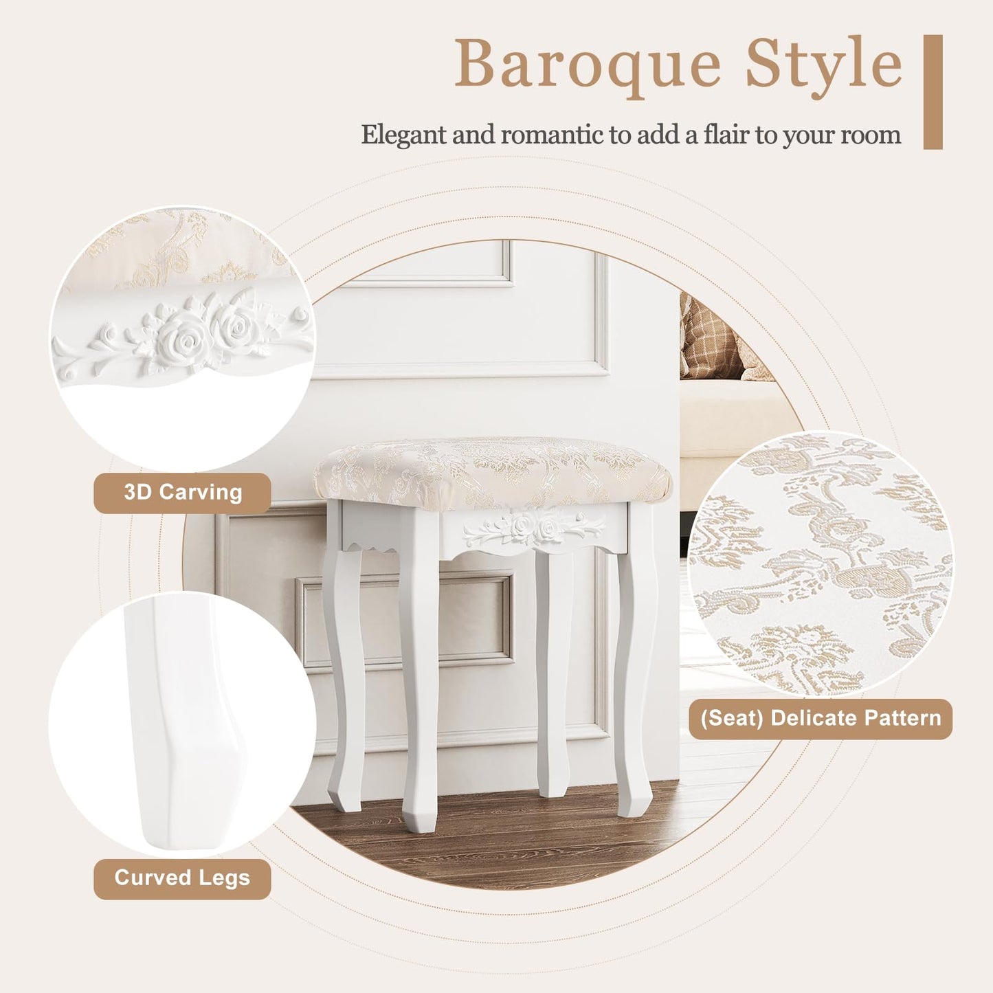 WOLTU Makeup Stool Vanity Stool, Country Style Ottoman, Baroque Padded Stool for Vanity Table, MDF Wood, White Lacquered, MB6011