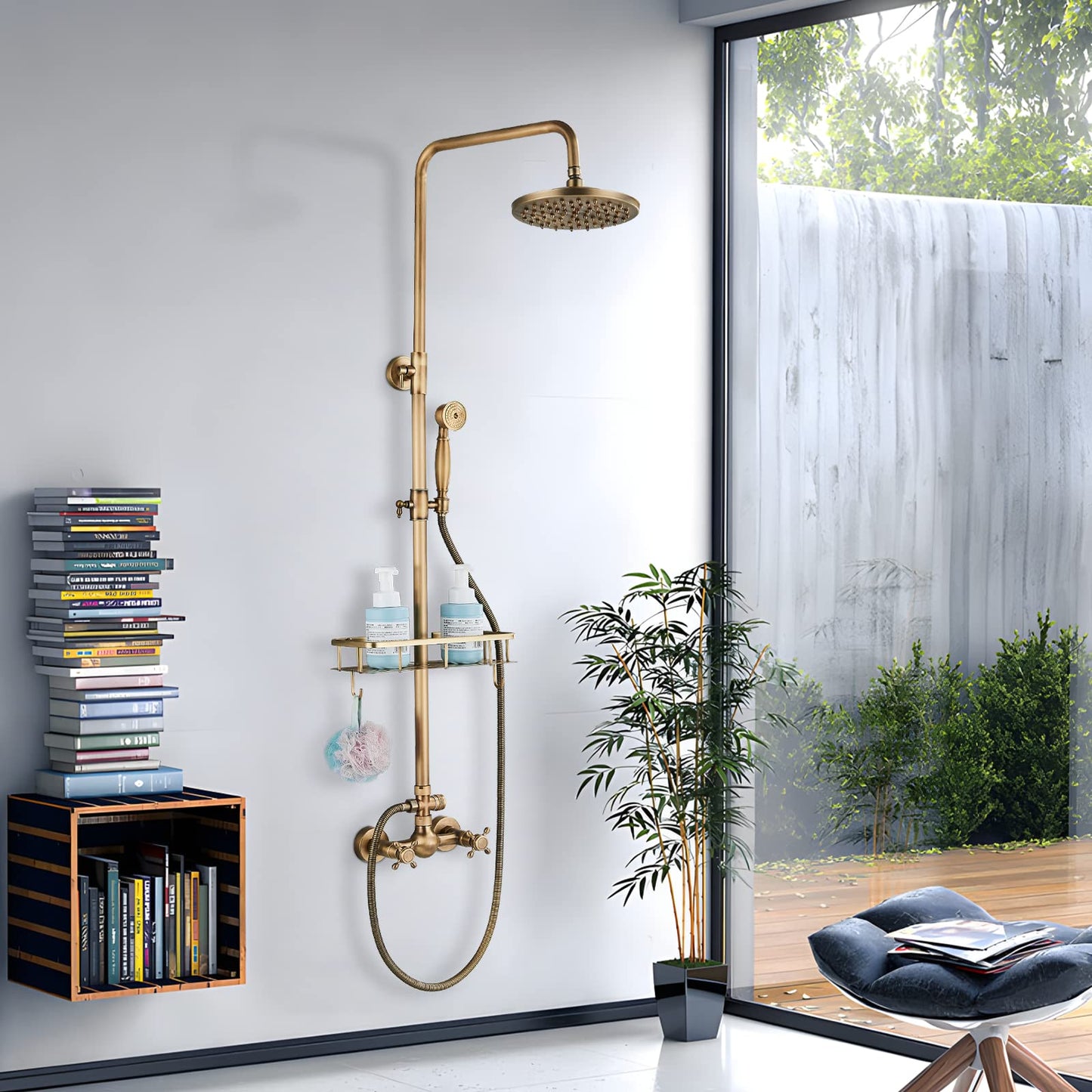 Rozin Brass Antique Shower Faucet with Hand Shower Faucet 8 Inch Shower Head Rain Shower Head Rain Shower with Storage Shelf