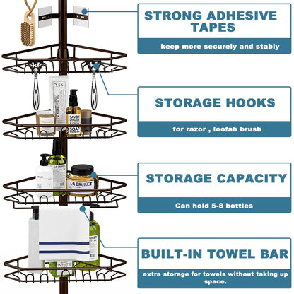 Bomclap 5-level telescopic shower shelf, metal corner shelf with towel holder, shower caddy without drilling with towel bar, shower corner for 137-290 cm height.