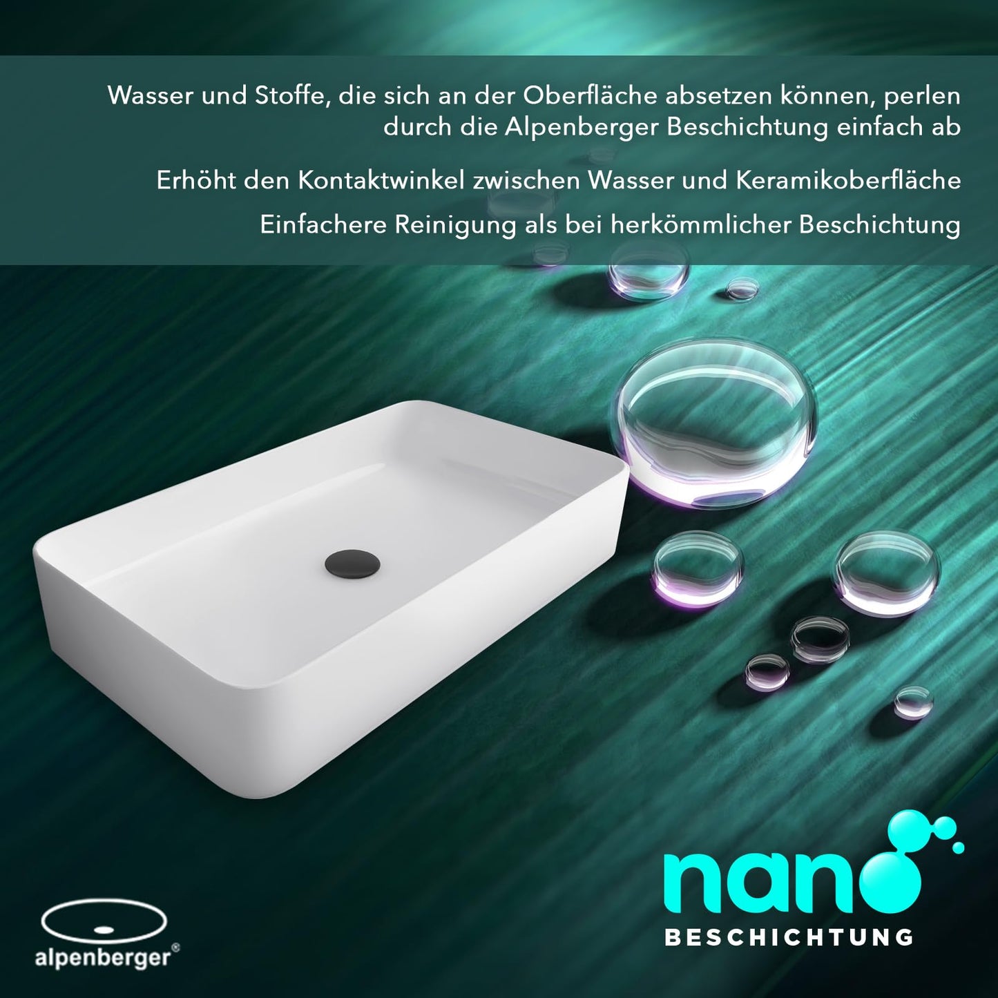 Alpenberger countertop washbasin 60 cm wide with Nano Coating | Clean ceramic basin square | Washbasin without faucet hole for bathroom & guest toilet | Modern design countertop washbowl without overflow