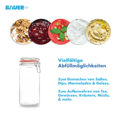 Bottle maker - 12-piece set wire bail jars 1550ml, usable as canning and fermenting jars, for storage, jars for filling, including labels, jars with wire bail - Made in Germany.