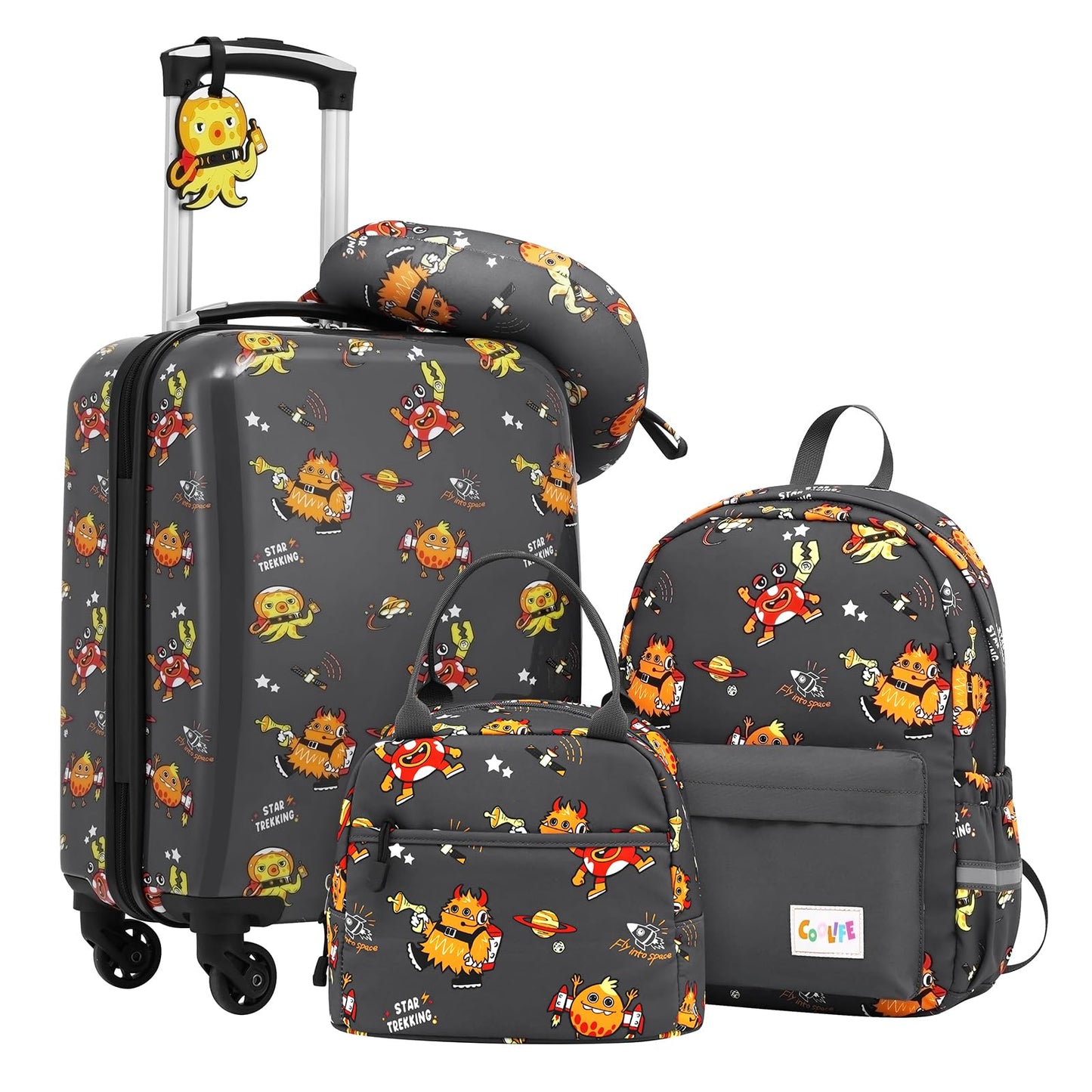 COOLIFE 5pc Kids Luggage Set with Backpack, Plastic Kids Suitcase, Children's Luggage, Kids Carry-On Travel Luggage Set for Boys and Girls (Monster, 5-Piece Set)