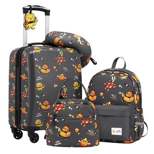 COOLIFE 5pc Kids Luggage Set with Backpack, Plastic Kids Suitcase, Children's Luggage, Kids Carry-On Travel Luggage Set for Boys and Girls (Monster, 5-Piece Set)