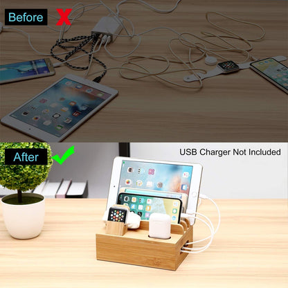SETROVIC Bamboo Charging Station Docking Holder, Desktop Organizer for multiple device docks. Compatible with accessories for phone/tablet/Apple Watch/AirPods.
