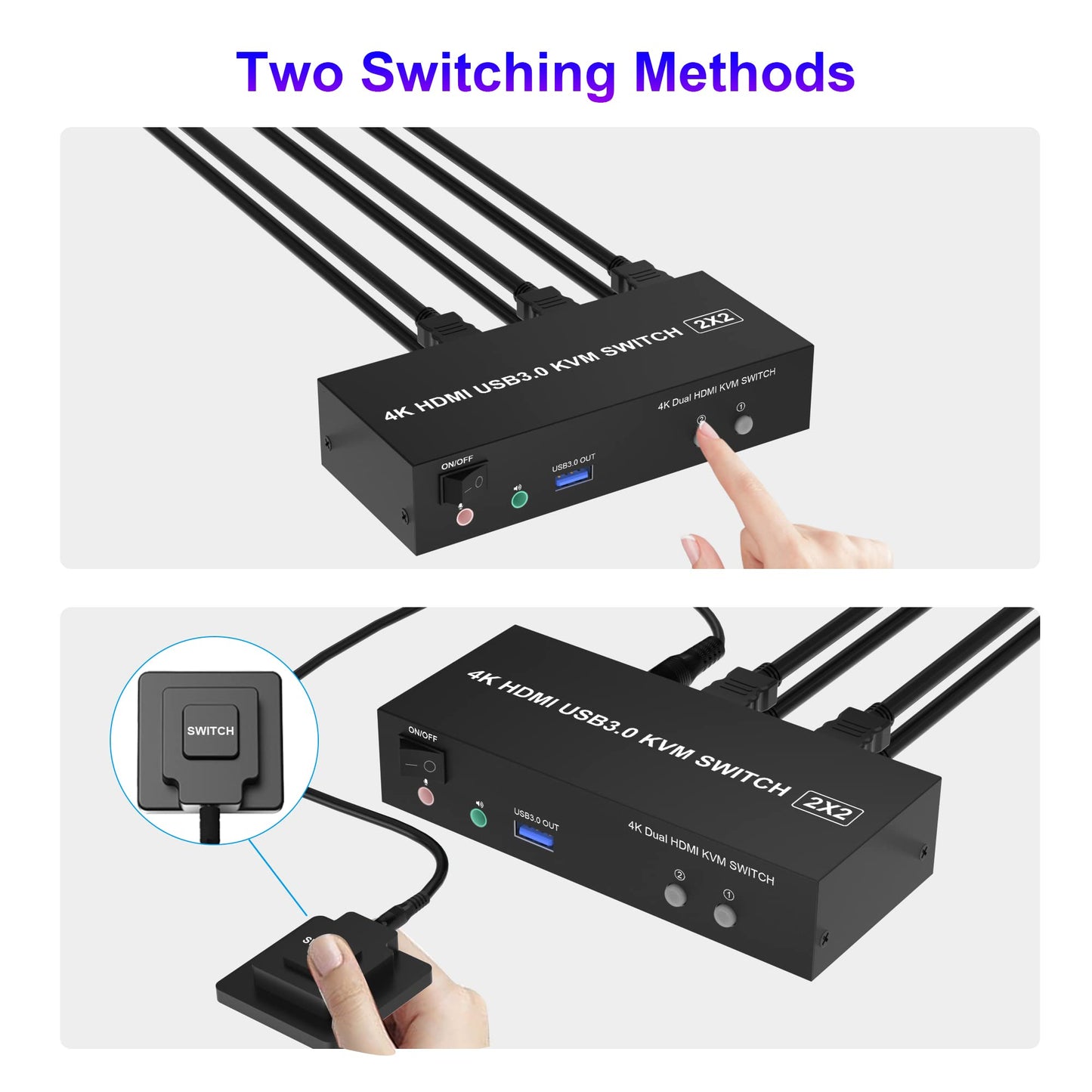 KVM Switch 2 PC 2 Monitors USB 3.0, 4K@60Hz HDMI KVM Switch 2 PC 2 Monitors with audio microphone output and 3 USB 3.0 Ports, PC Monitor Keyboard Mouse Switcher