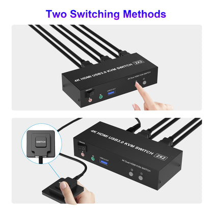 KVM Switch 2 PC 2 Monitors USB 3.0, 4K@60Hz HDMI KVM Switch 2 PC 2 Monitors with audio microphone output and 3 USB 3.0 Ports, PC Monitor Keyboard Mouse Switcher