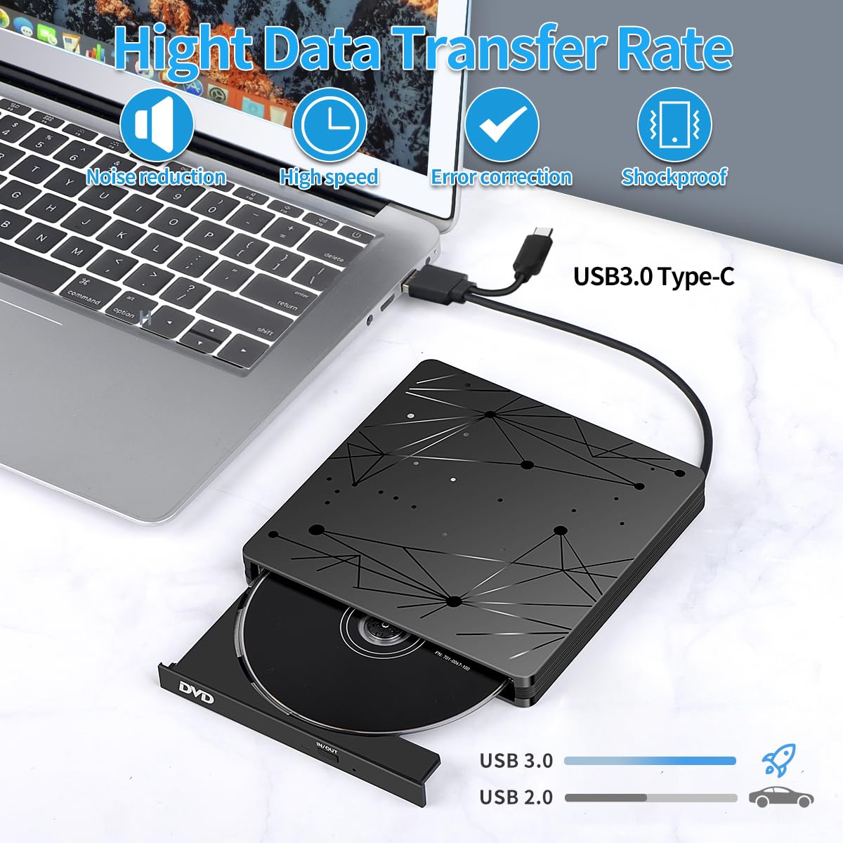 External USB 3.0 DVD Drive for Laptop PC Computer, Portable External DVD Drive CD-ROM Burner with low noise for Windows 11/10/7/8/XP Mac MacBook.