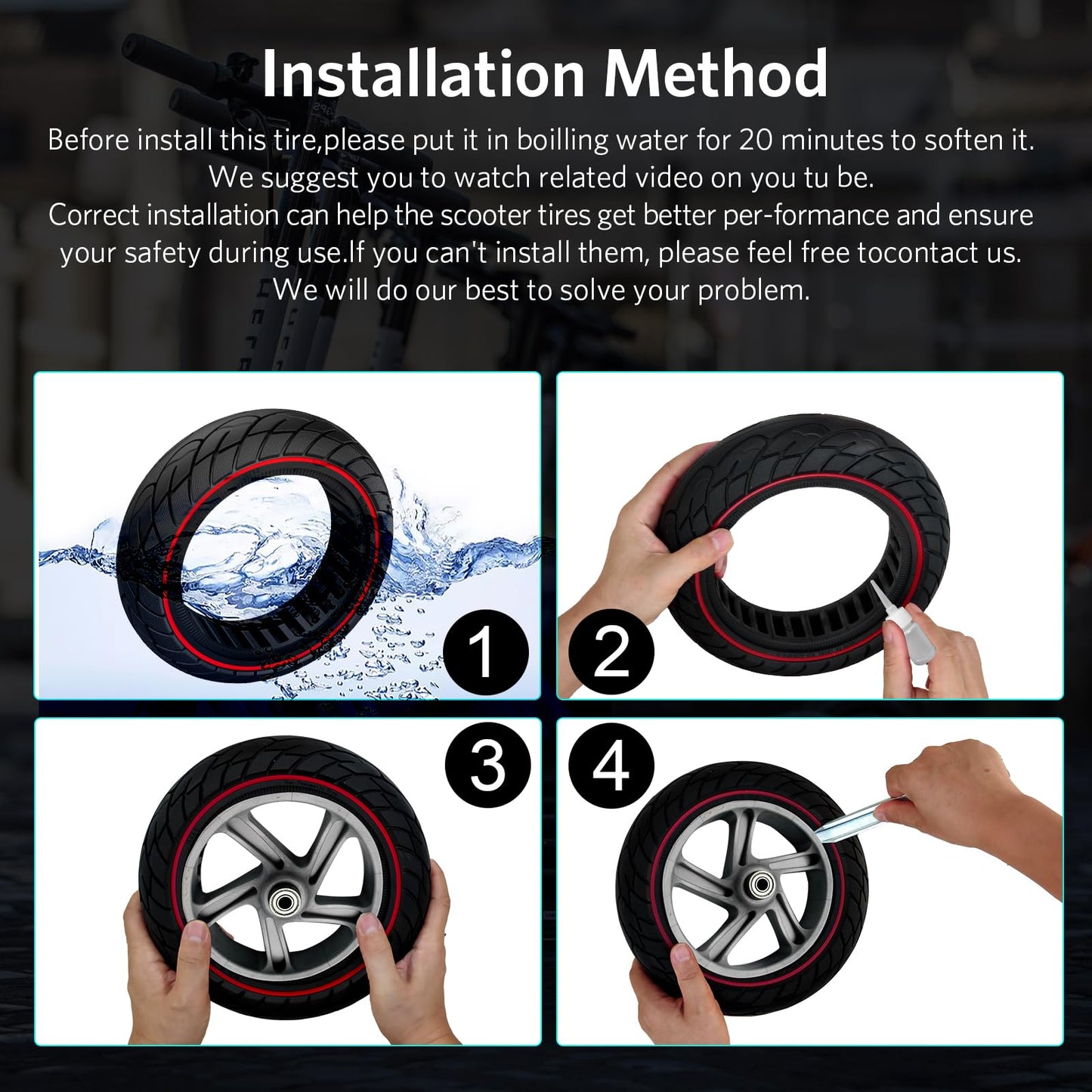 OUXI 10x2.5 Inch Replacement Solid Rubber Tires 60/70-6.5 for Ninebot G30 Max/G30D with Installation Tool for Electric Scooter Solid rubber tires, 10x2.5 replacement wheels, heavy-duty scooter tires (Red Line 2 Pack)