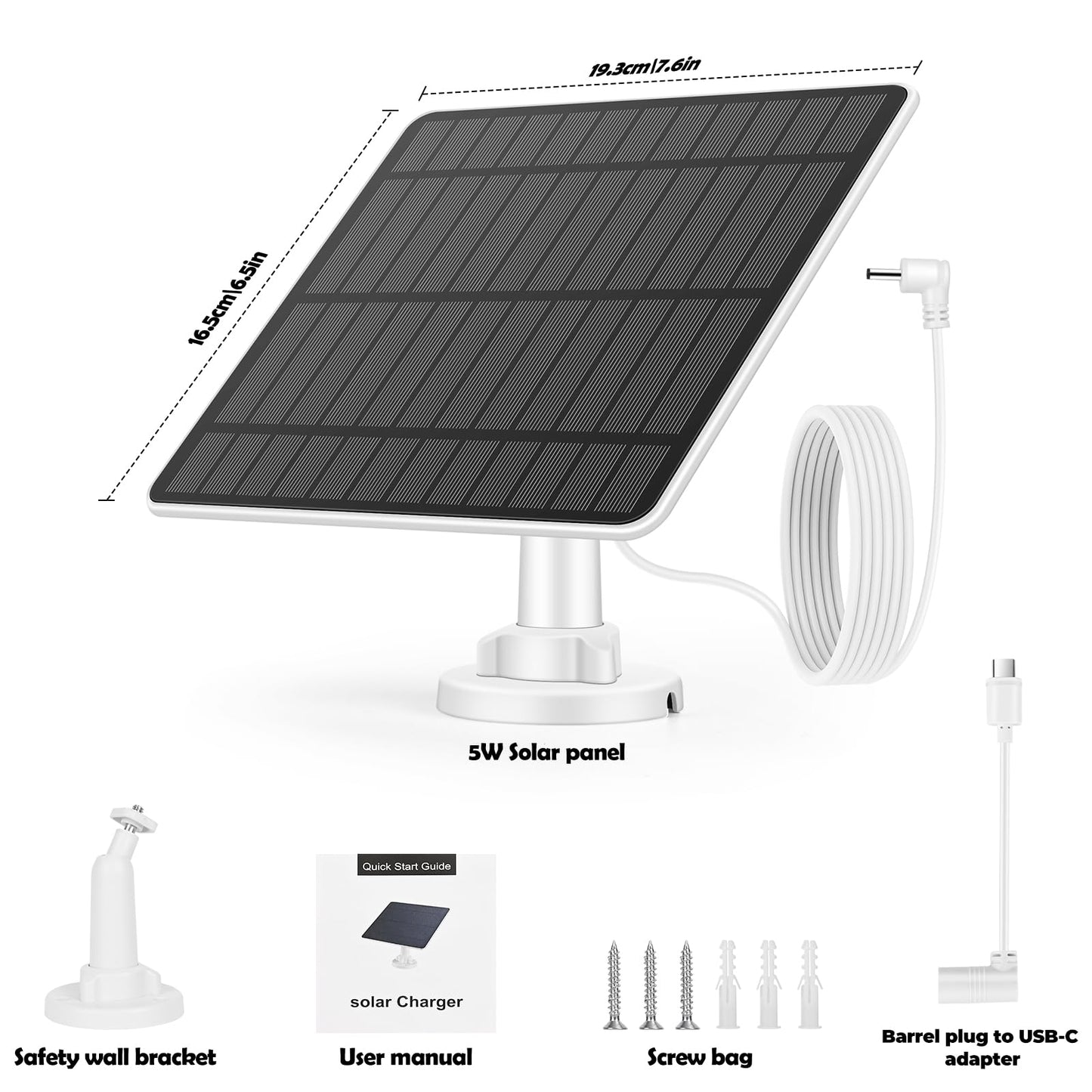 Solitude 5W Solar Panel for outdoor surveillance camera, solar module compatible with Ring Spotlight Camera Battery/Stick Up Cam Battery, barrel plug to USB-C adapter, 4M cable, IP65 waterproof (2 Pack)