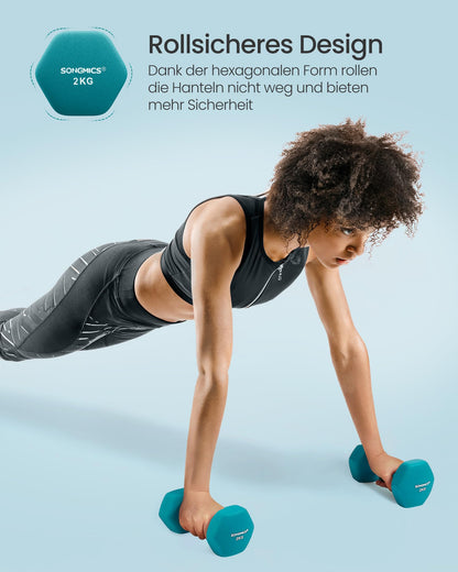 SONGMICS Dumbbell Set, Hexagon, with Dumbbell Rack, 2 x 1 kg, 2 x 2 kg, 2 x 3 kg, matte finish, Neoprene coating, strength training, at home, lime green, aquamarine, and dark gray SYL612G02