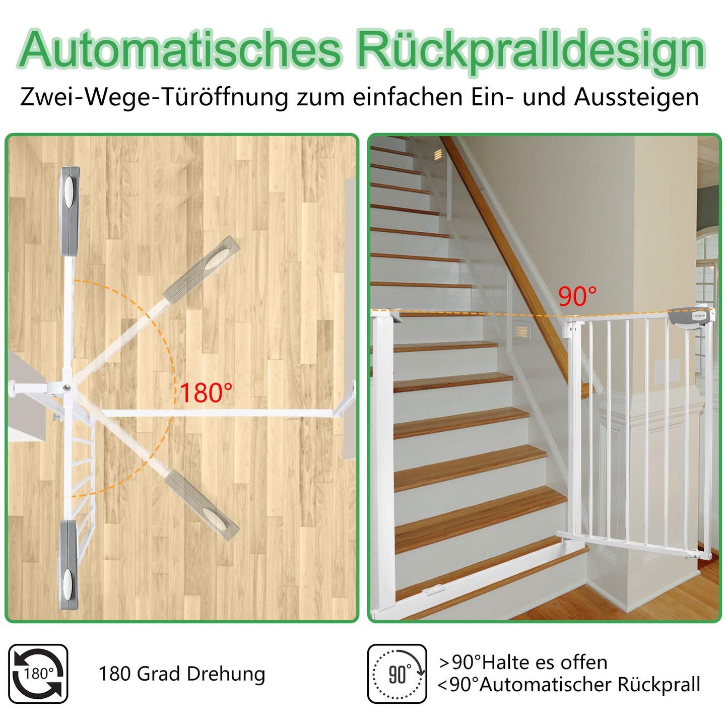 YARDIN door and stair safety gate without drilling, 75-85cm baby gate, childproofing stair gate for kids and dogs, auto-close, one-handed opening, White.