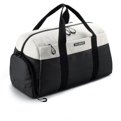 Fitgriff® sports bag & travel bag V2 for women and men - with shoe compartment & wet compartment - bag for sports, fitness, travel - training bag, gym bag, (Black/Cream White, Small)
