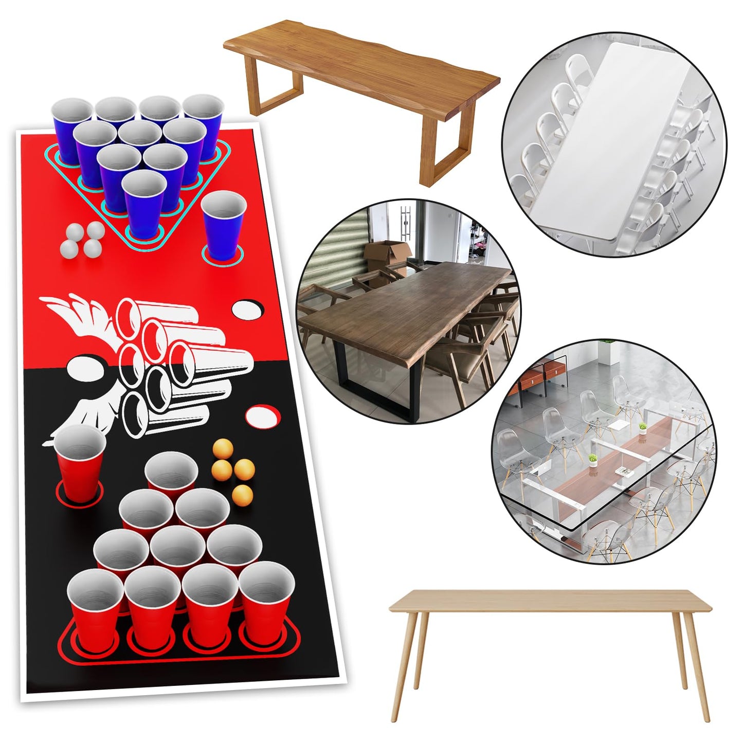 Faburo table tennis balls cup set, 180x60cm table mat set with 30 cups+8 table tennis balls+10 dice+table mat, party cup table mat game for party Christmas, red table mat