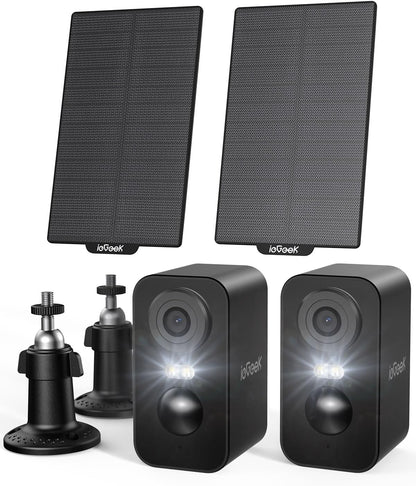 ieGeek 2K (Type-C) Outdoor Surveillance Camera with Battery, Wireless with Solar Panels, 5200mAh Battery Outdoor Surveillance Camera, WIFI, PIR Motion Detection, 2-Way Audio, Alexa Camera, Black, 2Pcs, IP65
