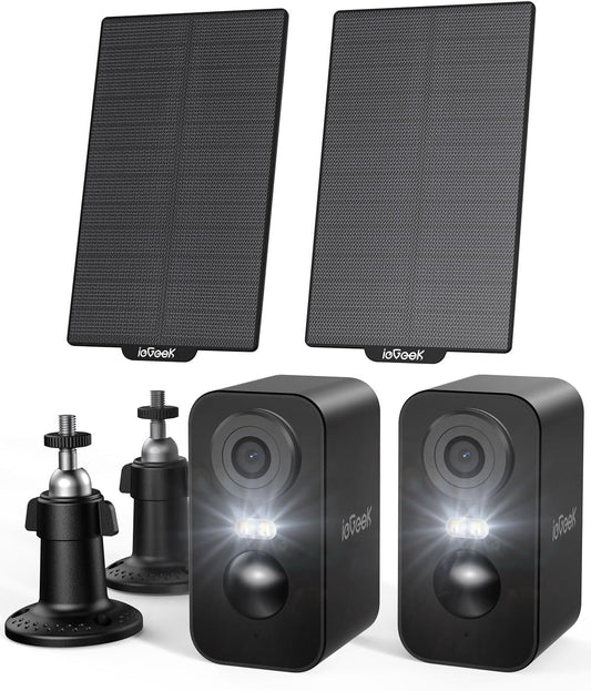 ieGeek 2K (Type-C) Outdoor Surveillance Camera with Battery, Wireless with Solar Panels, 5200mAh Battery Outdoor Surveillance Camera, WIFI, PIR Motion Detection, 2-Way Audio, Alexa Camera, Black, 2Pcs, IP65