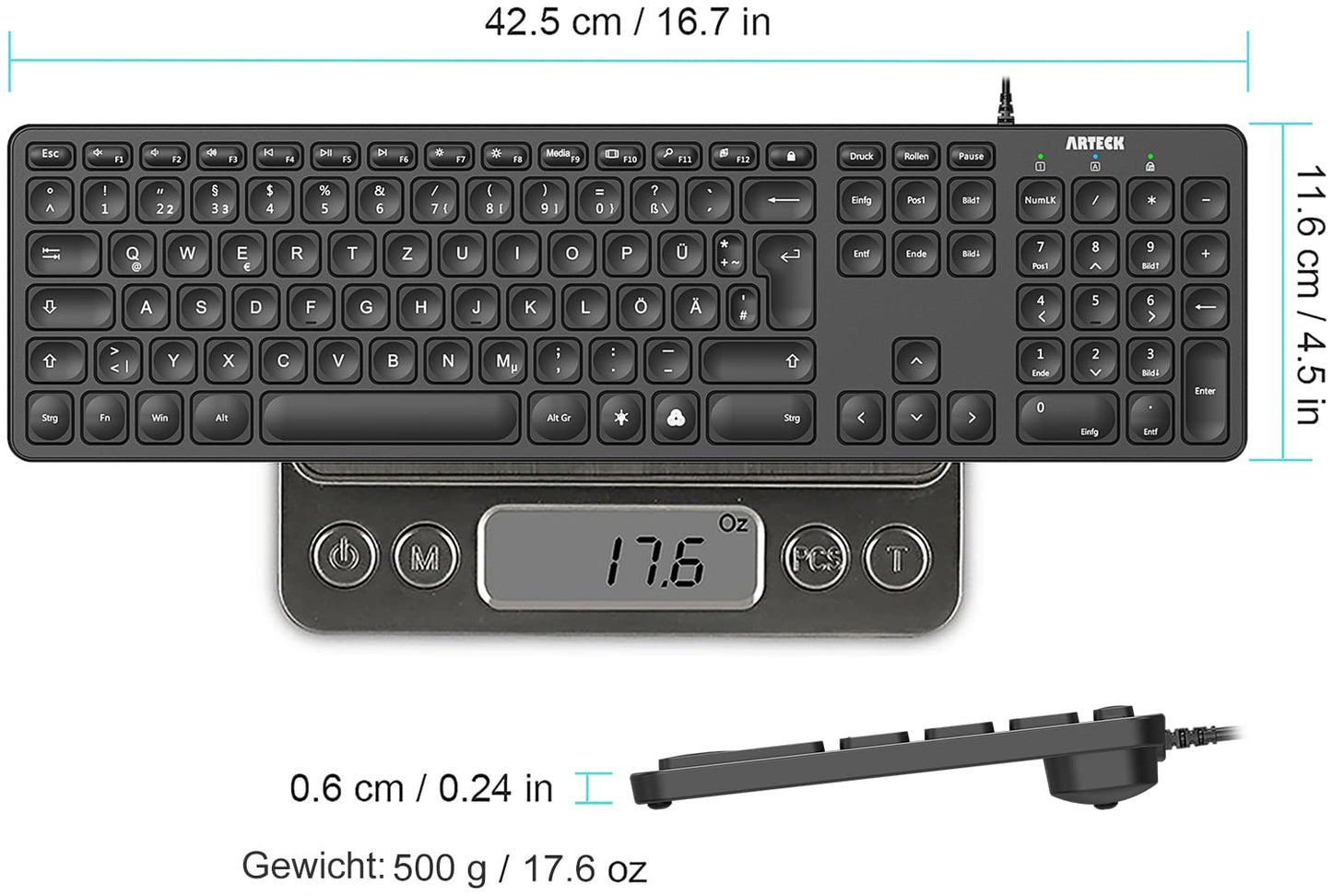 Arteck USB Wired Keyboard Backlight 7 Colors & Adjustable Brightness Full Size Keyboard with 1.8m Long Cable, Numeric Keypad, for Computer Desktop Laptop and Windows 11 10