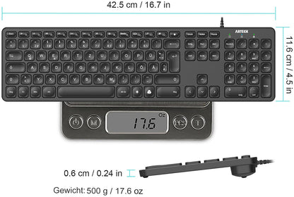 Arteck USB Wired Keyboard Backlight 7 Colors & Adjustable Brightness Full Size Keyboard with 1.8m Long Cable, Numeric Keypad, for Computer Desktop Laptop and Windows 11 10