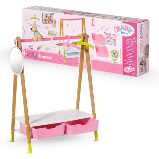 Zapf Creation 830000 BABY born Clothes Stand - Doll Clothes Rack with Wood-look and Accessories, Multicolored