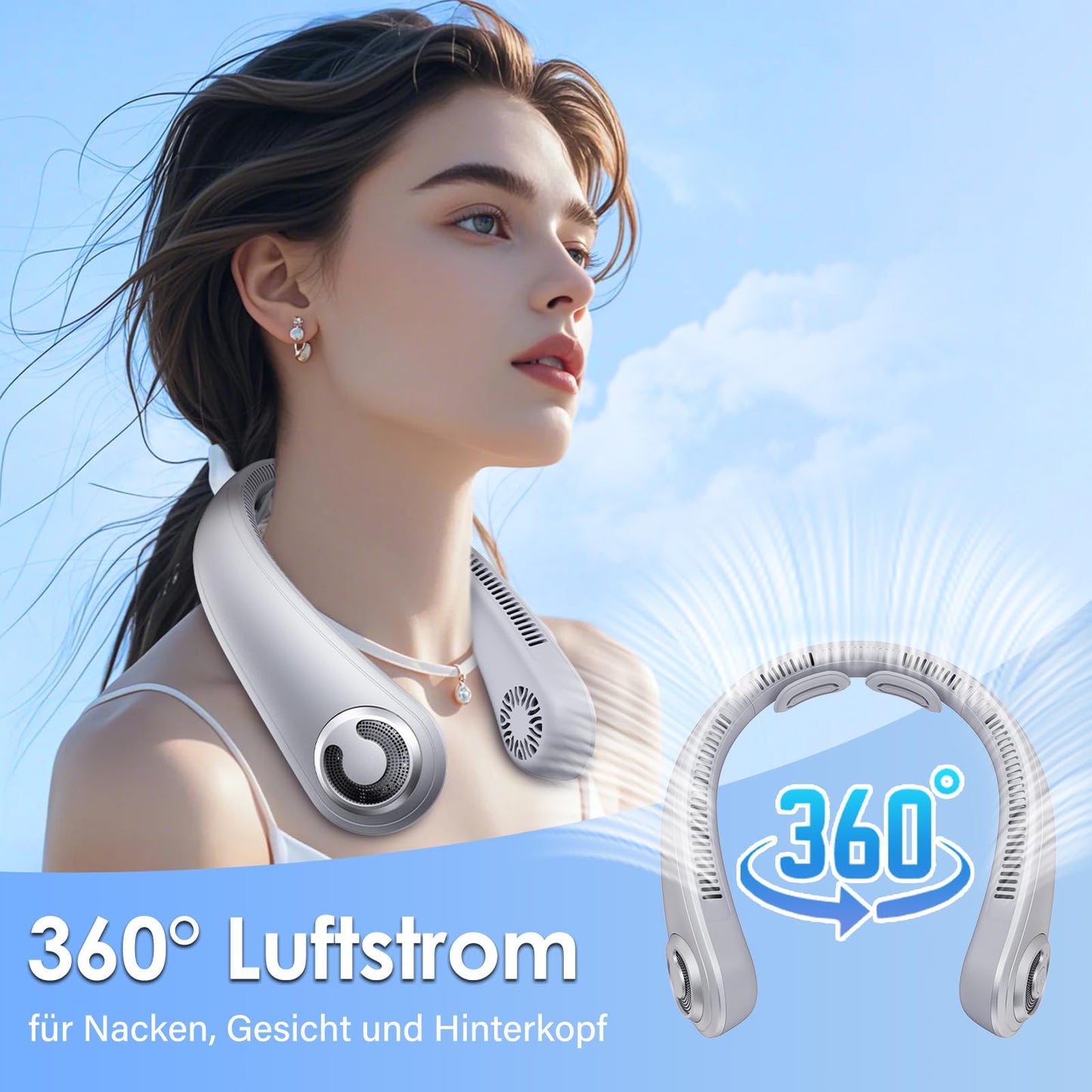 BOIROS Neck Fan, 5000mAh Neck Fan with Neck Support, Rechargeable USB Neck Fan Quiet, 5 Speed Levels, Portable, 360° Surround Airflow for Women and Men.
