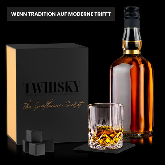 Twhisky Premium Whisky Glasses Gift Set - 2 Whiskey Tumblers 300 ml, 8 Reusable Whisky Stones made of Basalt, 2 Slate Coasters, Tongs & high-quality Gift Box