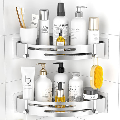 PNNP Shower Caddy Without Drilling Corner: Shower Shelf Stainless Steel 2 Pieces Shower Basket Self-Adhesive With 4 Hooks Bathroom Shelf for shower storage Shampoo and Shower Gel (Silver)