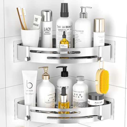 PNNP Shower Caddy Without Drilling Corner: Shower Shelf Stainless Steel 2 Pieces Shower Basket Self-Adhesive With 4 Hooks Bathroom Shelf for shower storage Shampoo and Shower Gel (Silver)