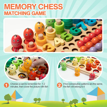 YLSCI Wooden Montessori Toy, Montessori Board Game, Fishing Game Wooden Clip Beads Board Game for Children from 3 years old, Large