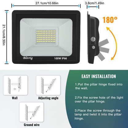 100W LED Floodlight Outdoor Cold White 6500K, 10000LM Super Bright Exterior Spotlight, IP66 Waterproof Floodlight, Outdoor Lamp for Gardens, Courtyards, Garage, Hotel