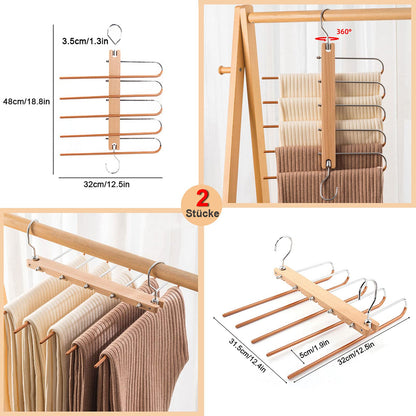2-piece pants hanger set, space-saving stainless steel pants rack, extendable non-slip wooden hangers for scarves, jeans, and pants.