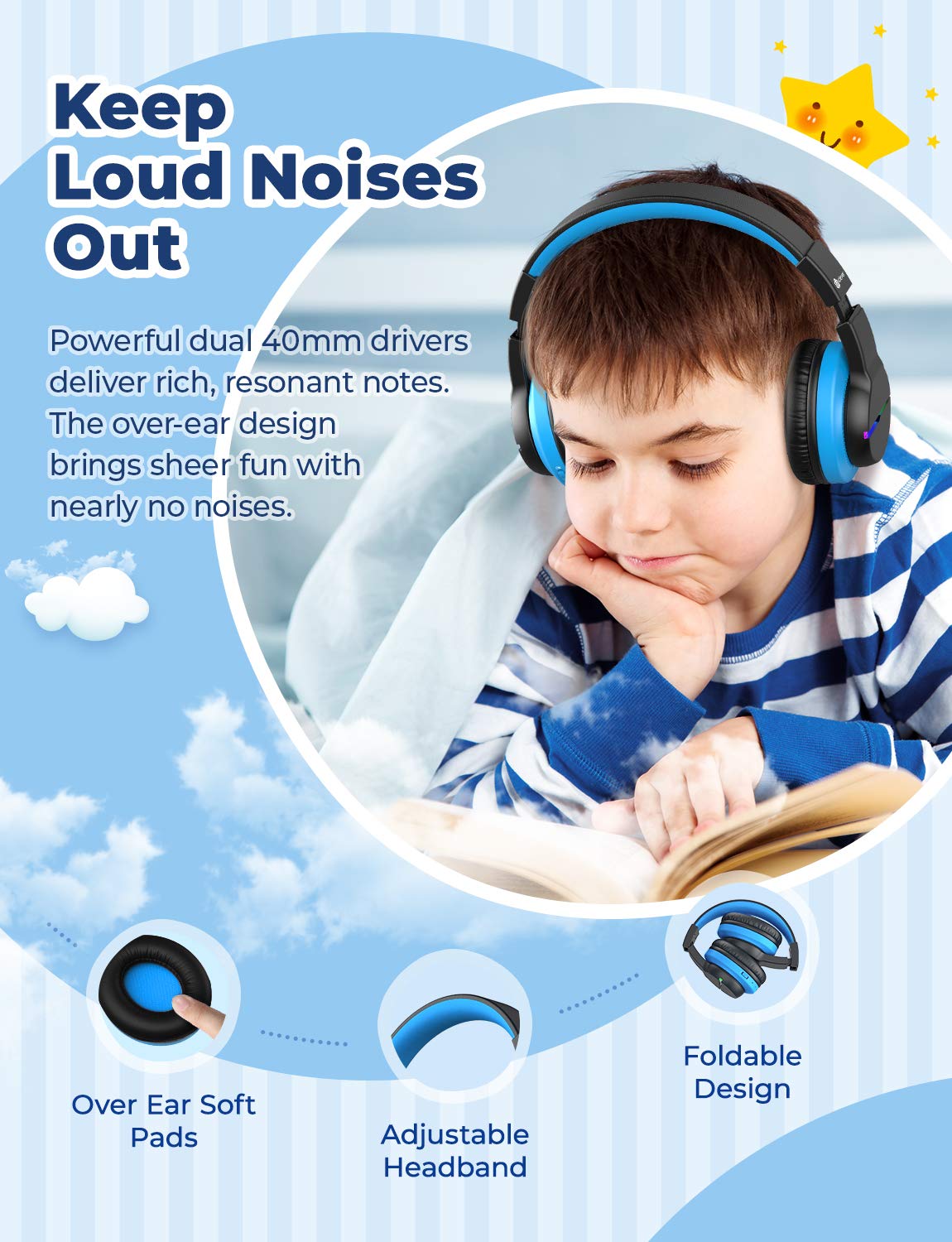 iClever Bluetooth Kids Headphones, Colorful LED Lights, Over-Ear Headphones with 74/85dBA Volume Limiting, 85 Hours Playtime, Bluetooth 5.2, Built-in Microphone BTH12
