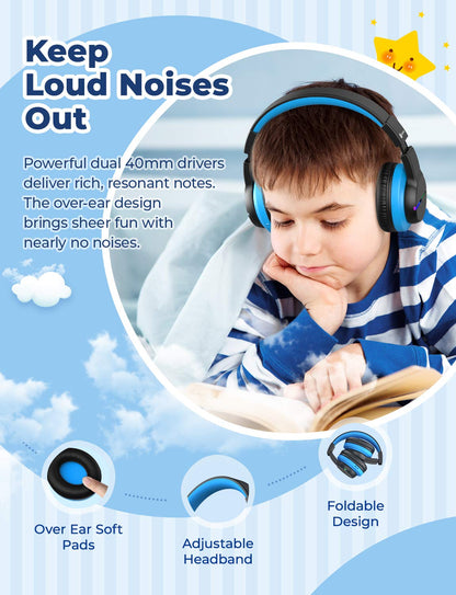 iClever Bluetooth Kids Headphones, Colorful LED Lights, Over-Ear Headphones with 74/85dBA Volume Limiting, 85 Hours Playtime, Bluetooth 5.2, Built-in Microphone BTH12