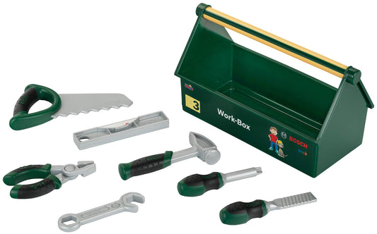Theo Klein 8573 Bosch Tool Box with 7-Piece Tool Set, sturdy box with handle 30.25 x 14 x 17.25 cm & Bosch Craftsman Helmet in yellow, toy helmet in craftsman look 25.8 x 19.5 x 11 cm