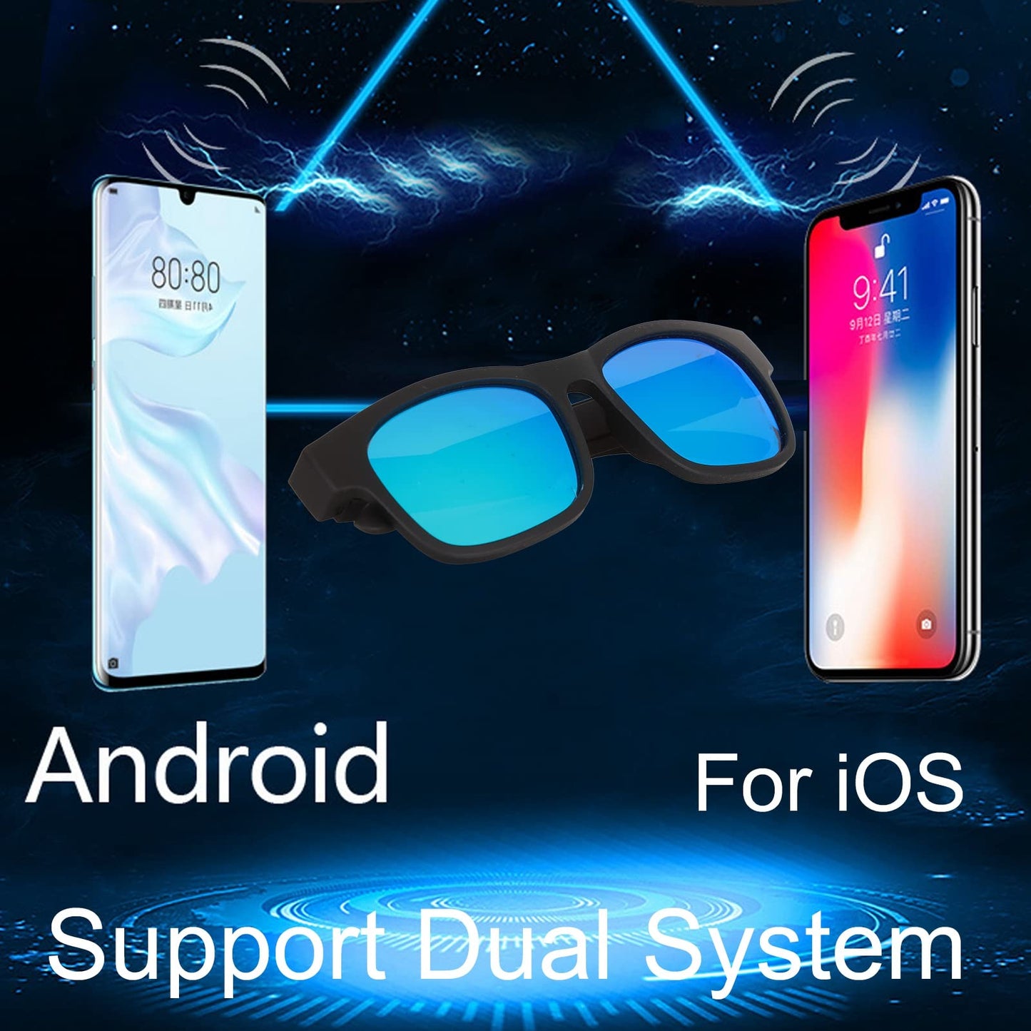 Smart glasses, smart audio sunglasses, noise cancelling, hands-free calling, open-ear speakers with Bluetooth connectivity for gaming, meetings, traveling, driving (blue colorway)