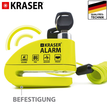 KRASER KR6Y Brake Disc Lock with Alarm 110 dB, Reinforced, 3 keys (2 spares) High Security Motorcycle Lock, Waterproof, 1.5m Reminder Cable, Bag, Universal Motorcycle Lock, Bike Lock