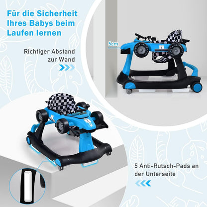 COSTWAY 4 in 1 walking aid, foldable walking cart with adjustable height & speed, car-shaped baby walker with music box, light & wheels, walker for babies from 6 months, load capacity 12kg (blue)