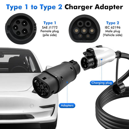 Opaltool EV Charging Cable Car Charger Adapter Type 1 to Type 2, 32A SAE J1772 to IEC 62196 (Mennekes) Car Charger Converter Electric Vehicle Charging Adapter